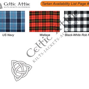 May include: A page from a tartan availability list, showing three different tartan patterns: US Navy, Wallace, and Black-White Rob Roy. The page is titled "Tartan Availability List Page # 05".