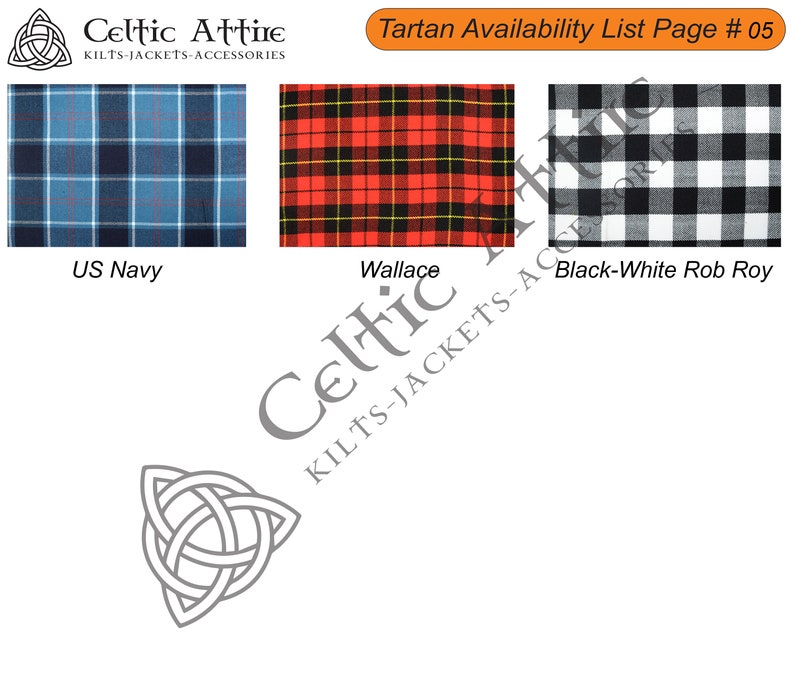 May include: A page from a tartan availability list, showing three different tartan patterns: US Navy, Wallace, and Black-White Rob Roy. The page is titled "Tartan Availability List Page # 05".