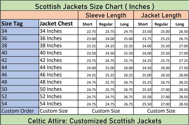 Scottish Jackets size Chart and Guide