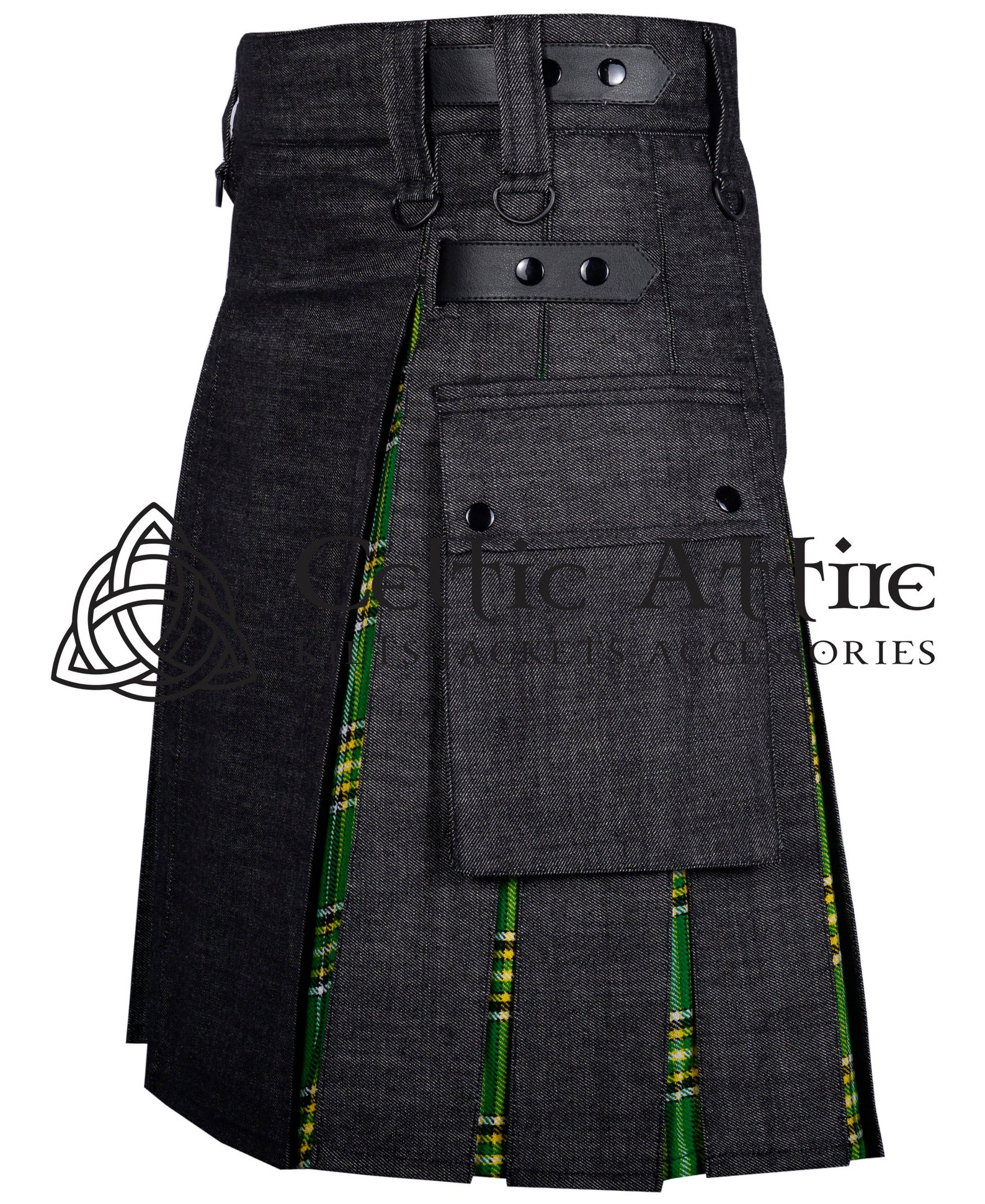 Sort Kalot Black Denim Utility Hybrid Kilt - Scottish Tartan Cargo Pockets KILT ...
