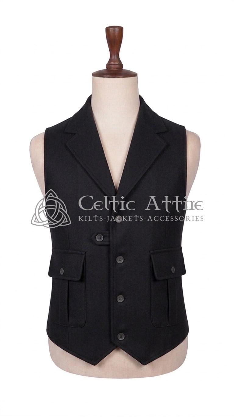 Tweed Waistcoat – Herringbone Wool Vest, 4-button, Kilt, Peaky