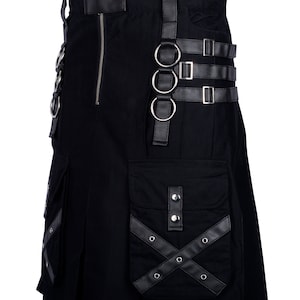 Black Cotton Kilt Gothic Throng With Leather Straps and Patch Work