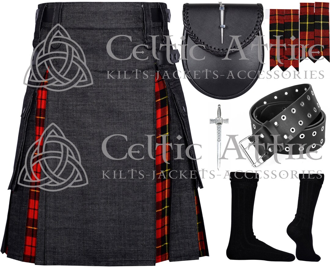 Sort Kalot Black Denim Utility Hybrid Kilt - Scottish Tartan Cargo Pockets KILT ...