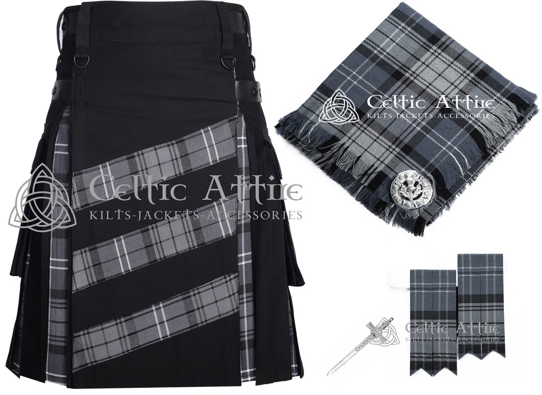 Sort Kalot Black Cotton Utility Hybrid Kilt for Men - Free Kilt Pin - Pair of ...