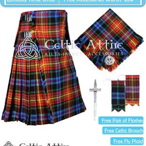 Pacote de kilt tartan escocês de 8 jardas - Kilt tartan acrílico de 16 onças para homens - Acessórios gratuitos - Alfinete de kilt - Par de flashes - Xadrez de mosca - Broche