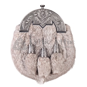 Nickle Brushed Thistle Cantle - Scottish Full Dress Brown Rabbit Fur Sporran - Belt & Strap - Premium Handmade Leather KILT SPORRAN