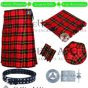 St. Patrick Day Kilt Package - Scottish Tartan 8 Yard Kilt - 8 Kilt Accessories - Custom Made - Kilt Belt, Fly Plaid Shirt, Pin, Tam Hat