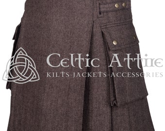 Brown Tweed Wool SCOTTISH Utility KILT - Made to Order - Premium Handmade - Real 16 Oz Wool - Highlander Kilt for Men - Cargo Kilt