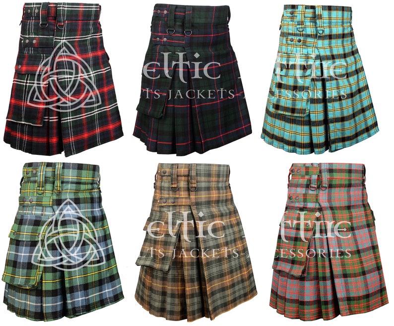 Peut inclure: Six kilts diff&eacute;rents dans des motifs de tartan vari&eacute;s. Chaque kilt a une grande poche cargo sur le c&ocirc;t&eacute; et une ceinture &agrave; boucle.