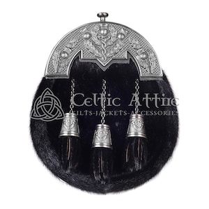 Premium Handmade Leather Full Dress KILT SPORRAN Black Fur and Nickle Brushed Thistle Pattern Cantle and Tassels - Free Belt and Chain Strap
