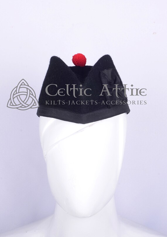 Berretto Scozzese Glengarry In Lana Nera - Tradizionale Cappello Delle Highland Con Nastro - Taglia Regolabile 52-64 Cm