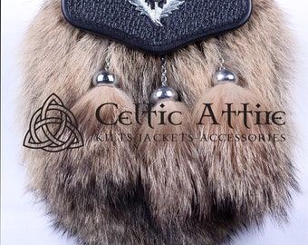 Scottish Kilt Sporran - Premium Handmade - Coyote Fur and Black Leather Semi Dress Sporran - Free Chain Strap - Thistle Emblem