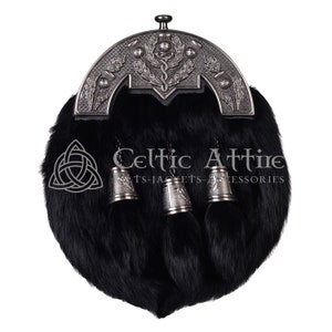 Premium Handmade Leather Full Dress KILT SPORRAN Black Rabbit Fur and Nickle Brushed Thistle Pattern Cantle & Tassels - With Belt and Strap