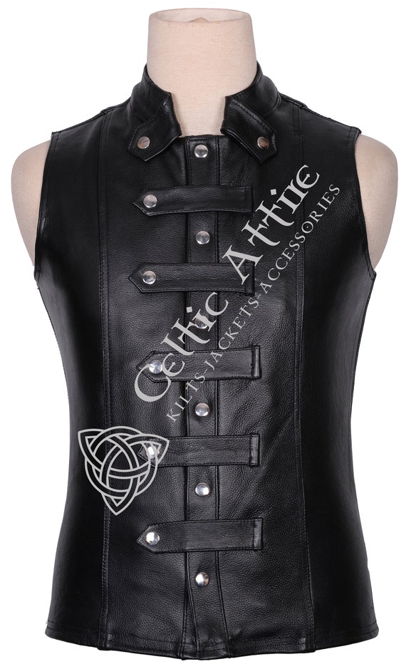 Black Leather Gothic Vest Motorbike Leather Waistcoat Premium