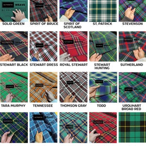 May include: A collection of 15 different tartan fabrics, each with a unique pattern and color combination. The fabrics are labeled with their corresponding names, including "Solid Green", "Spirit of Bruce", "Spirit of Scotland", "St. Patrick", "Stevenson", "Stewart Black", "Stewart Dress", "Royal Stewart", "Stewart Hunting", "Sutherland", "Tara Murphy", "Tennessee", "Thomson Gray", "Todd", "Urquhart Broad Red", "US Army", "US Navy", "USMC", "Wallace", and "Wallace Hunting".