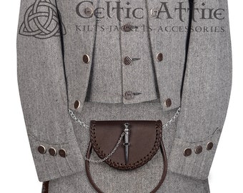 May include: A gray herringbone kilt with a brown leather sporran and a silver chain. The kilt is paired with a matching gray jacket with a mandarin collar and brown buttons. The jacket has a Celtic knot design on the sleeve. The text "Celtic Attire Kilts Jackets Accessories" is printed on the jacket.