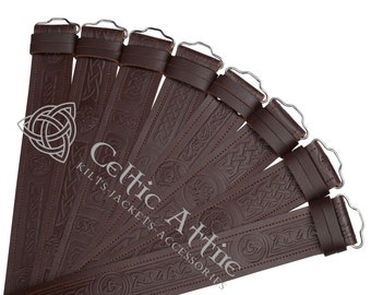 Brown Leather Embossed KILT BELT - Handmade Custom Size Kilt Belt - 2.25 Inches Wide Premium Quality Leather Belt for Scottish Kilts
