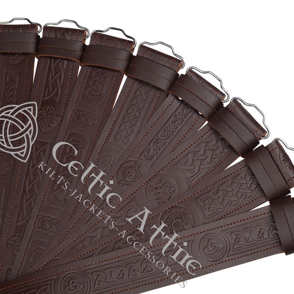 Brown Leather Embossed KILT BELT - Handmade Custom Size Kilt Belt - 2.25 Inches Wide Premium Quality Leather Belt for Scottish Kilts