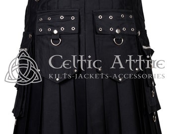 May include: Black utility kilt with multiple pockets, buckles, and straps.  Celtic Attire Kilts-Jackets-Accessories.