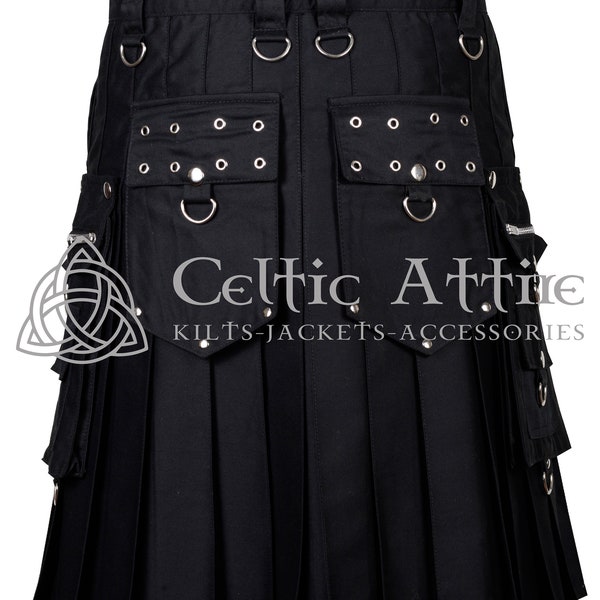 Gothic / Punk Rock Kilt For Men - Scottish Utility Kilt - Black Cotton Kilt - Steampunk Cyber Goth Throng - Custom Made - Premium