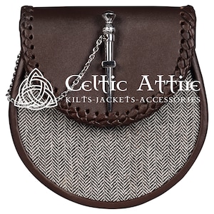 Premium Handmade - Scottish Kilt Sporran - Brown Leather and Grey Herringbone Tweed Fabric - Free Sporran Belt - Made to Order Sporran