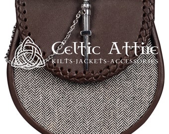 Premium Handmade - Scottish Kilt Sporran - Brown Leather and Grey Herringbone Tweed Fabric - Free Sporran Belt - Made to Order Sporran