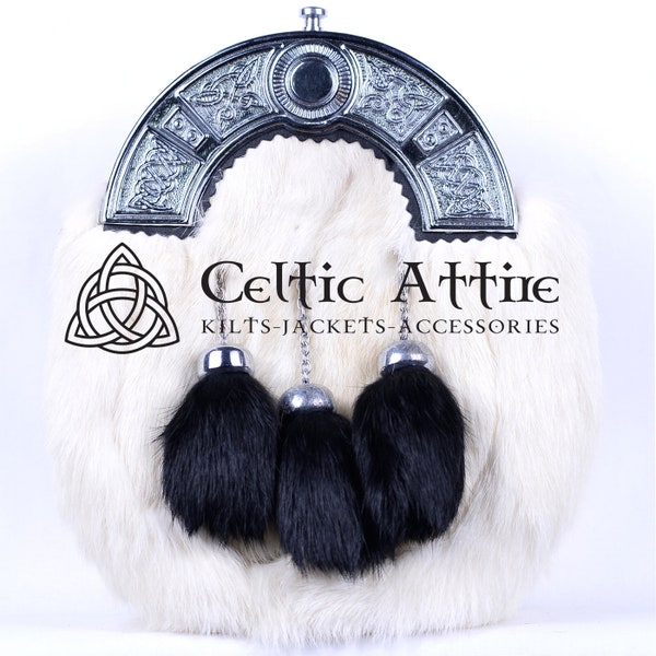 Premium - Traditional Scottish Full Dress Sporran - White Rabbit Fur & Black Leather - Celtic Sporran - Kilt Sporran with Free Chain Belt