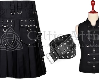 Schwarzer Premium Kilt aus Baumwolle - Punk Rock - Free Weste - Leder Kilt Gürtel - Maßanfertigung - Cyber Goth - Black Kilt Vorteilspaket