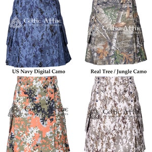 Military Grade Tactical Duty Kilt Camo Utility Kilt Detachable Front Apron - 2 Cargo Pockets - 2 Trouser Pockets -Custom Size