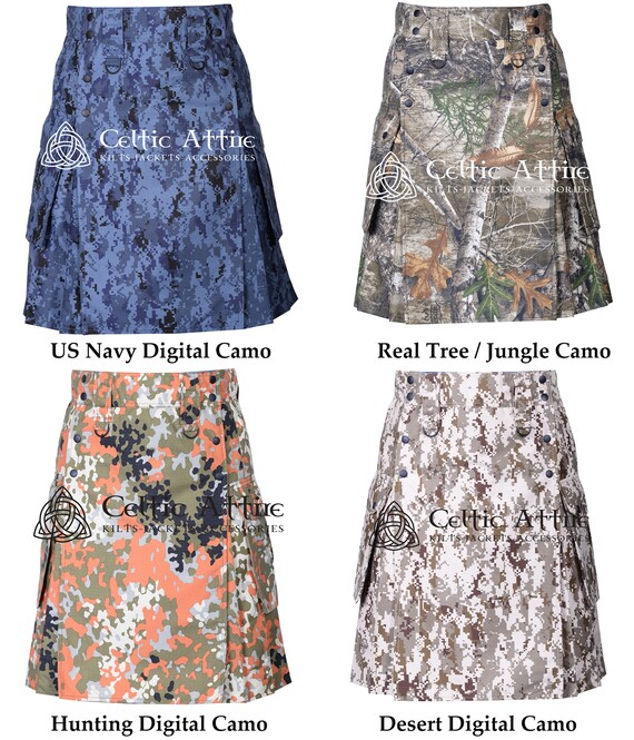 Military Grade Tactical Duty Kilt Camo Utility Kilt Detachable Front Apron - 2 Cargo Pockets - 2 Trouser Pockets -Custom Size