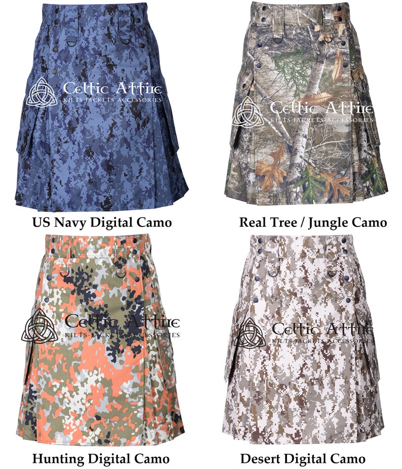 K&ouml;nnte beinhalten: Vier verschiedene Tarnmuster-Kilts. Die Kilts sind alle im gleichen Stil, mit einem Faltenrock und einer Cargo-Tasche auf jeder Seite. Die Muster sind US Navy Digital Camo, Real Tree / Jungle Camo, Hunting Digital Camo und Desert Digital Camo.