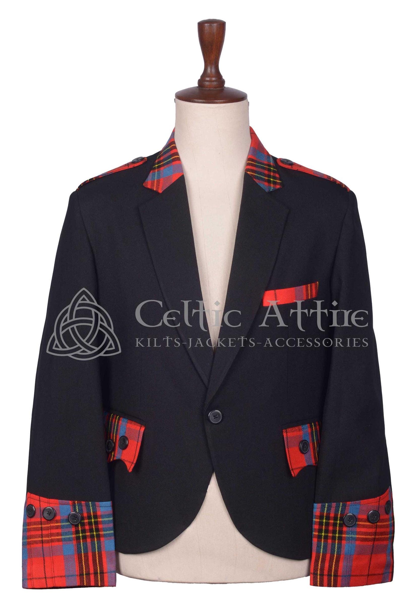 Schwarze Woll und Tartan Jacke - Schottische Argyll Jacke mit einem Knopf - Premium Maßanfertigung Kilt Jacke - Weihnachtsgeschenk