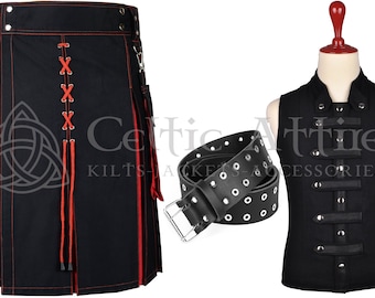 Rot Schwarz Baumwolle Hybrid Kilt Vorteilspaket - Halloween Party Kilt - Schottisches Baumwoll-Utility-Kilt-Paket - Kostenlose Weste und Leder-Kilt-Gürtel