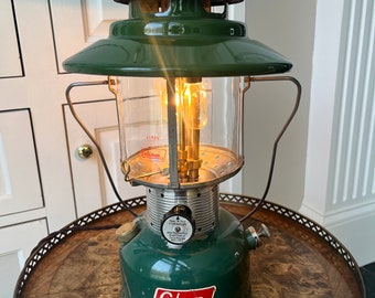 Electric Rotary Dimmable Vintage Big Hat Coleman Lantern Table Lamp, Cottage or Log Home Decor