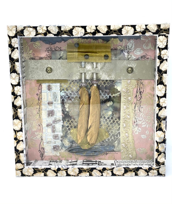 Original Abstract Feather & Beads Shadow Box