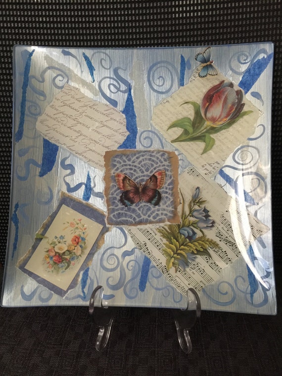 Reverse Decoupage Botanical Glass Plate