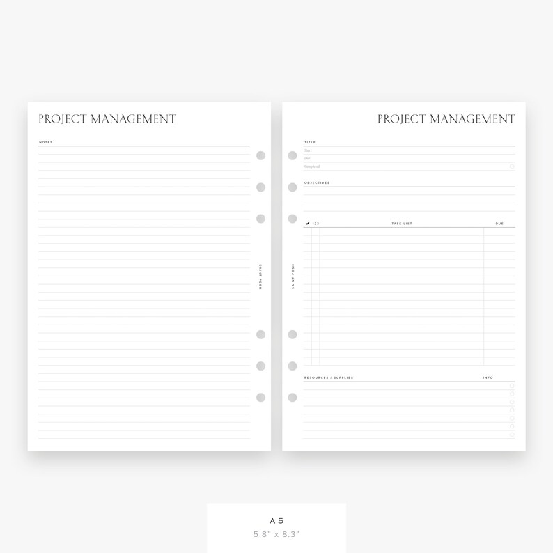 Project Management PRINTED Planner Inserts & Agenda Refill Personal / A5 A5 (GM/large)