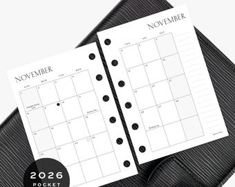 2026 Monthly Calendar - PRINTED - Pocket / PM / Small - Planner Inserts & Agenda Refill