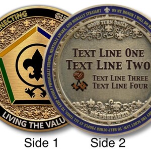 May include: Two-sided gold and silver commemorative coins. Side 1 features text "CONNECTING, GROWING, LIVING THE VALUE" and a fleur-de-lis symbol. Side 2 has text "TEXT LINE ONE, TEXT LINE TWO, TEXT LINE THREE, TEXT LINE FOUR" and "BE PREPARED".