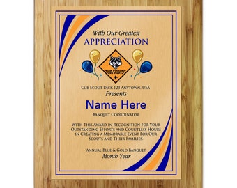 Blue and Gold Banquet Plaque with Cub Scout Logo - Stripes Design - Vertical