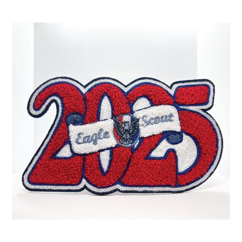 Eagle Scout 2025 Year Letterman Jacket Patch from the front.
