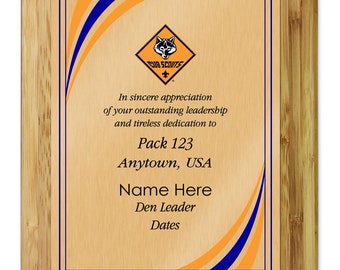 Den Leader Plaque with Cub Scout Logo - Stripes Design - Vertical