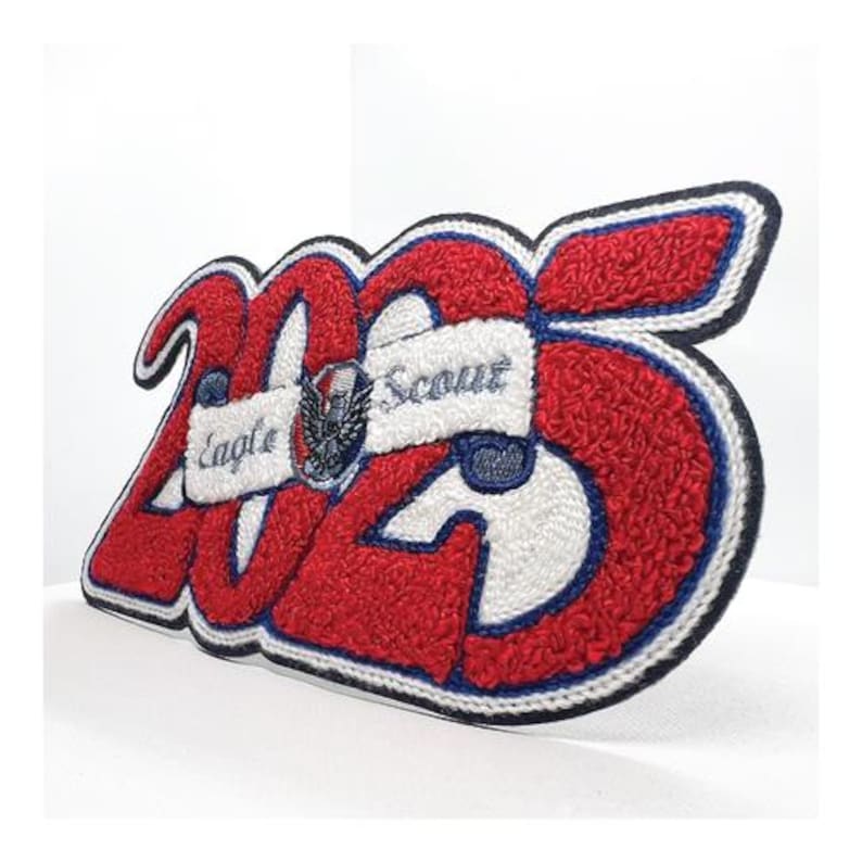 Eagle Scout 2025 Year Letterman Jacket Patch from the side.