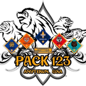 May include: A graphic design featuring animal illustrations and badges for Cub Scout ranks: Bobcat, Tiger Cub, Webelos, Wolf, and Bear. The design includes the text "PACK 123 ANYTOWN, USA" in a decorative font, with a white background.