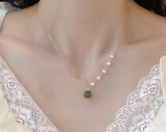 Dainty Natural Green Jade Necklace/ Bracelet, 18K Gold Dainty Lucky Jade Bead Charm Pendant Jewelry Set, Adjusted Match Elbow Chain Chokers