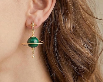 Natural Malachite Dangle Earrings: May Birthstone Taurus Gemini Gift, Jupiter Planet Celestial Jewelry