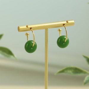 Unique Green Jade Donuts Pendant Stud Earrings, Custom 18K Gold Minimalist Jade Drop Huggie, Good Luck Dangler Hoop Earrings，Gift For Her