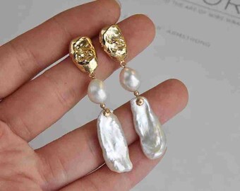 Baroque Keshi Pearls Stud Earring, Natural Freshwater Pearls Dangle, Gold Pearl Drop Jewelry Stud, Barockperlen Ohrringe, Modern Eardrop