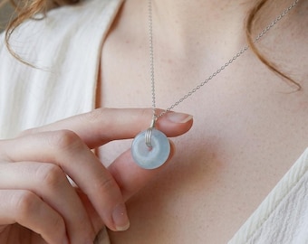 Minimalist Aquamarine Donut Pendant Necklace: Sterling Silver Adjustable 0-20 inch, Birthstone Layering Jewelry