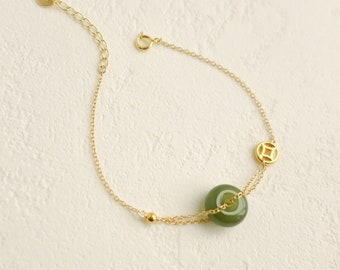 Dainty Lucky Hetian Green Jade Bracelet Gold Coin/ Natural Jade Donut Sterling Silver Bracelet/ Adjustable Armband Chain/ For Anniversary